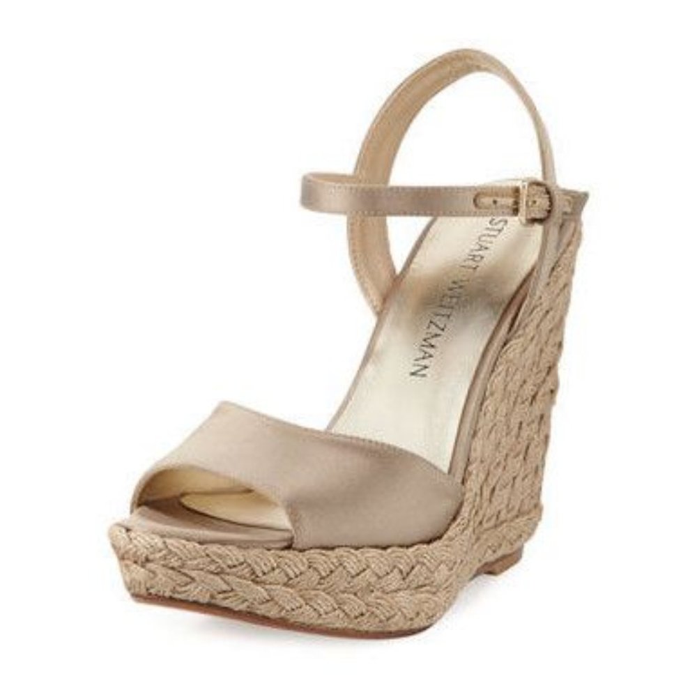 Stuart Weitzman Clean Satin Wedge Espadrille Sandals New In Box Size 9.5
